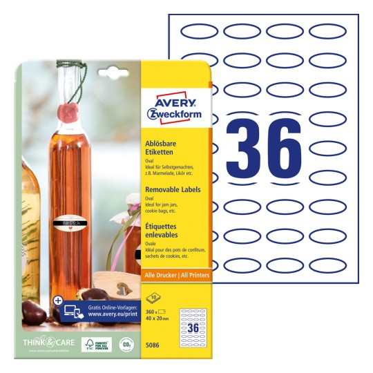 5086 Этикетки Stick&Lift, овал, 40х20 мм,IJ+L+K+CL,белые, 10л / 360 шт.