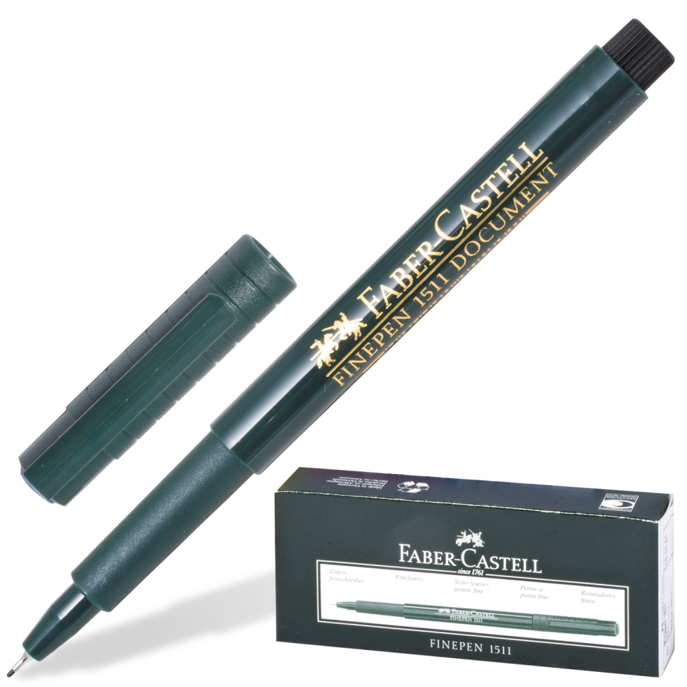 140995 Ручка капиллярная (линер) FABER-CASTELL «Finepen 1511», ЧЕРНАЯ, корпус темно-зеленый, линия 0,4 мм, 151199