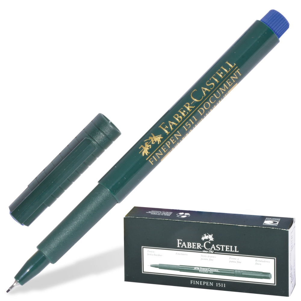 140994 Ручка капиллярная (линер) FABER-CASTELL «Finepen 1511», СИНЯЯ, корпус темно-зеленый, линия письма 0,4 мм, 151151