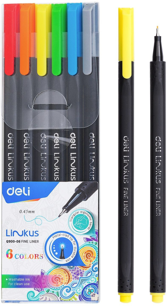 1204877 Набор ручек капиллярных Deli Linkus (EQ900-06) d=0.45мм ассорти игловидный пишущий наконечник линия 0.45мм 6цв.