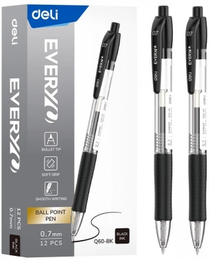 2052746 Ручка шариков. автоматическая Deli EveryU EQ60-BK прозрачный/черный d=0.7мм черн. черн. пулевидный пиш. наконечник кругл. резин. манжета