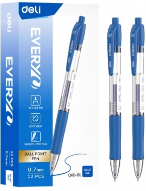 2052750 Ручка шариков. автоматическая Deli EveryU EQ60-BL прозрачный/синий d=0.7мм син. черн. 1стерж. пулевидный пиш. наконечник кругл. резин. манжета