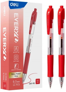 2052748 Ручка шариков. автоматическая Deli EveryU EQ60-RD прозрачный/красный d=0.7мм красн. черн. 1стерж. пулевидный пиш. наконечник кругл. резин. манжета