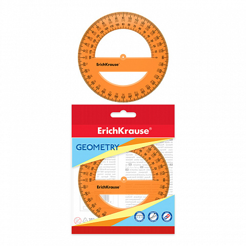 49552 Транспортир пластиковый ErichKrause Neon, 360°/12см, оранжевый, во флоупаке