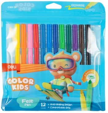 2058275 Фломастеры Deli EC161-12 Color Kids круглый конический пишущий наконечник Вентилируемый 12 цветов пакет с европодвесом