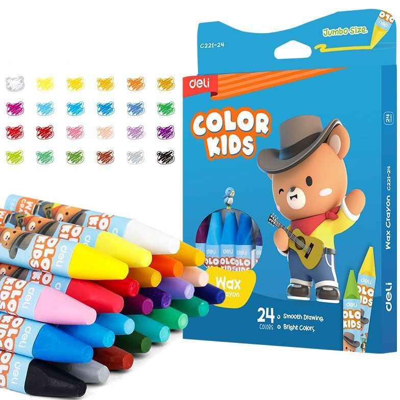 2007571 Восковые мелки Deli EC221-24 Color Kids трехгр. 24цв. (24шт) дл.75мм д.11мм картон.кор./европод.