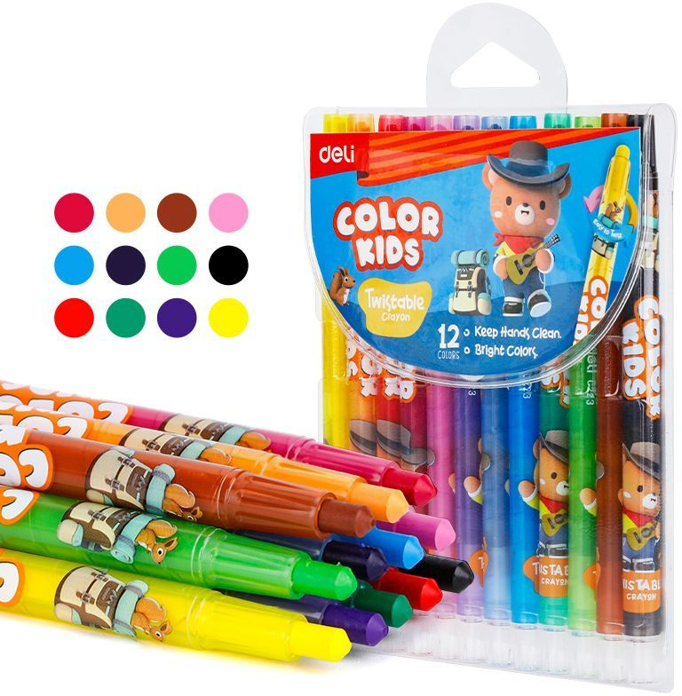 1997078 Восковые мелки Deli EC223-12 Color Kids кругл. с поворотным механизмом 12цв. (12шт) дл.165мм д.10мм блист.европод.