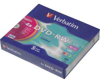 60256 Диск DVD-RW Verbatim 4.7Gb 4x Slim case (5шт) Color (43563)